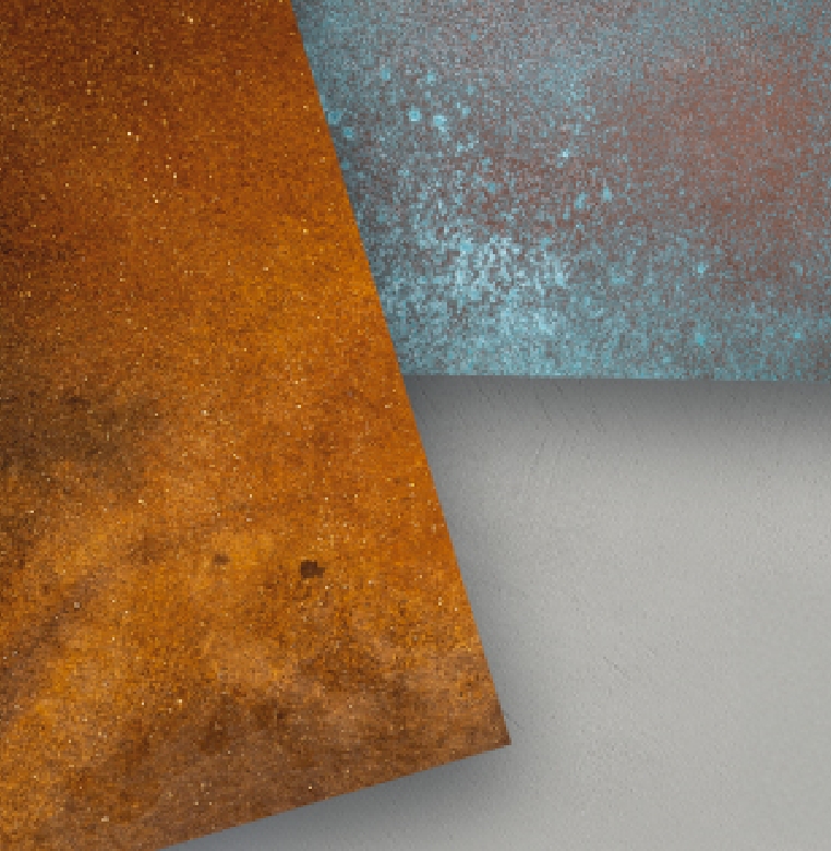 Campioni di superfici per pavimenti a basso spessore Isoplam, texture effetto corten e ossidato per soluzioni personalizzate nell’interior design.